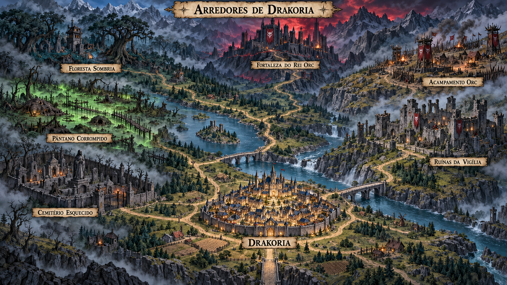 Mapa dos arredores de Drakoria, com cemitério, pântano, floresta, acampamento orc e fortaleza